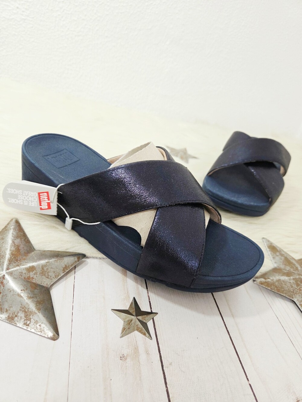 FitFlop Lulu Cross Glitz Slide Sandal dark navy blue metallic women's size 9 NWT